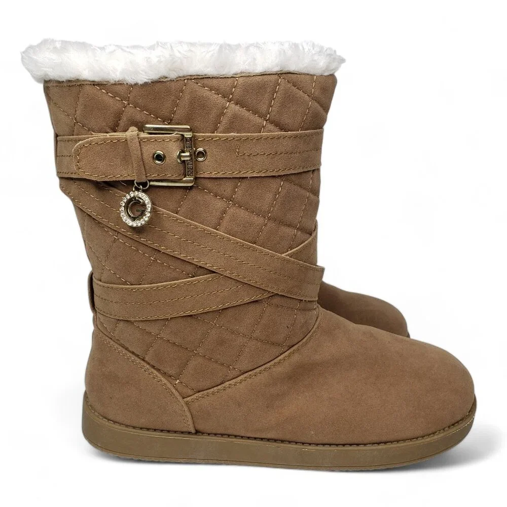 G by Guess Furry Lined Booties Women’s Tan Strappy Quilted Warm Cozy Y2K Outdoor